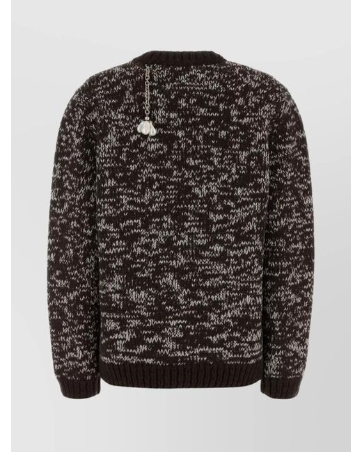 Prada Black Wool Speckled Oversized Crew Neck Long-Sleeve Ribbed Trim Charm-Embellished Jumper