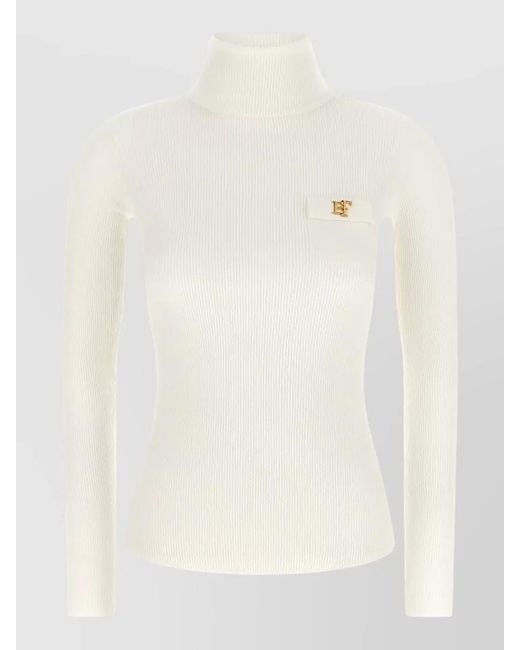 Elisabetta Franchi Natural Mock Neck Top Long Sleeves Embroidery