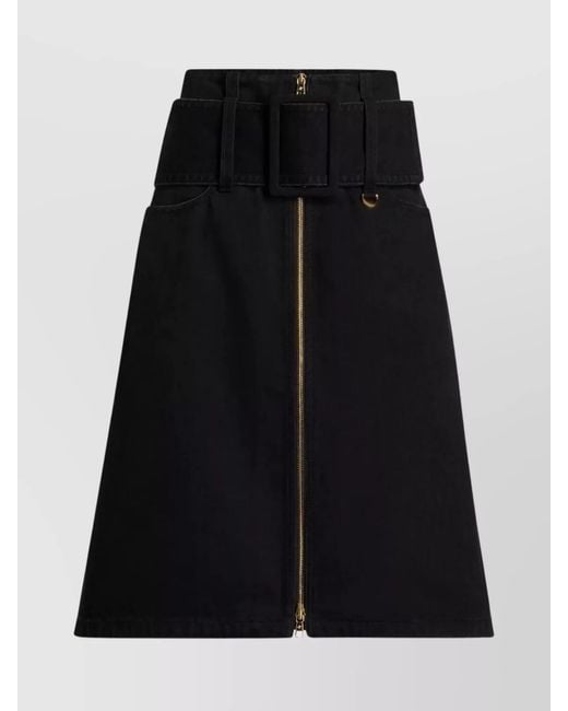 Patou Black Cotton Zipped Belted Midi A-Line Skirt