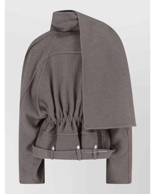 Rick Owens Gray Asymmetric High Collar Coat Belt Buckle