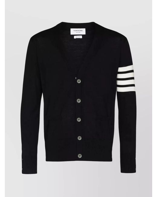 Thom Browne Black V-Neck Cardigan Merino Wool Stripe Detail for men