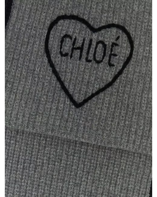 Chloé Gray Wool Scarf Encoeur Heart Embroidery Ribbed