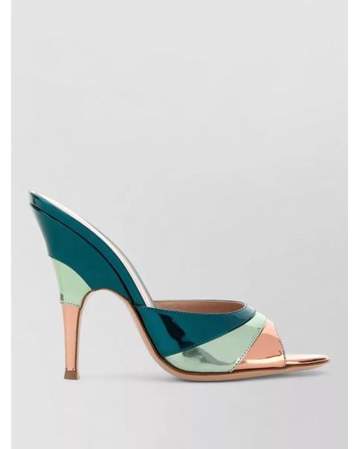 Gianvito Rossi Blue Leather Marea Peep Toe Mules Shiny Finish