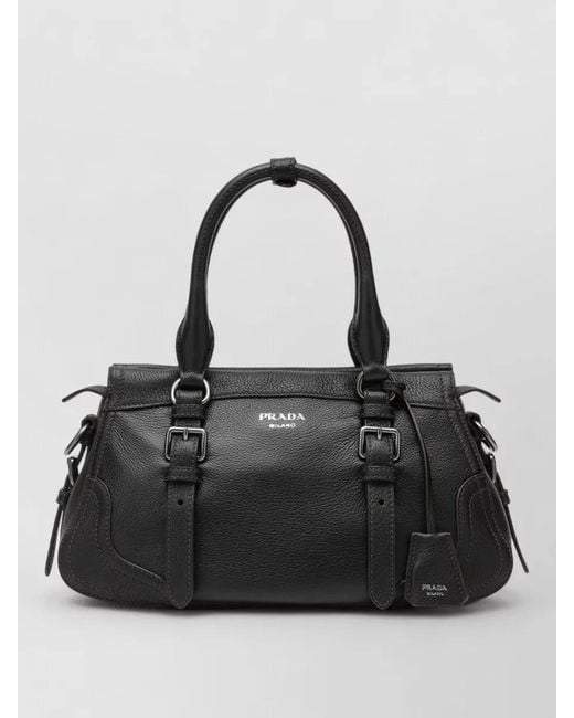 Prada Black Shoulder Bag Buckle Detail Textured Leather Top Handle