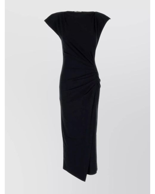 Isabel Marant Black Cotton Jersey Boat Neck Pleated Midi Dress