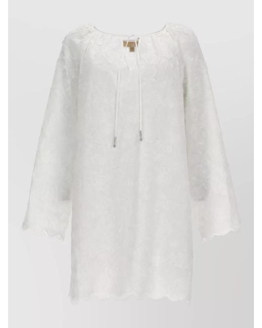 Michael Kors White Floral Embroidery Beach Dress Long Sleeves