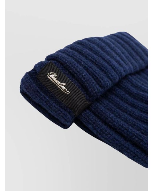 Borsalino Blue Folded Cuff Ribbed Cashmere Beanie