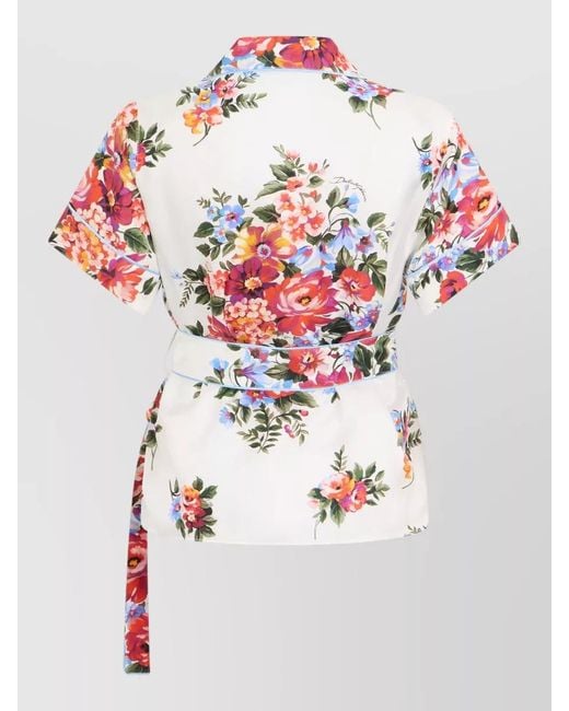 Dolce & Gabbana White Silk Shirt Floral Print Side Knot