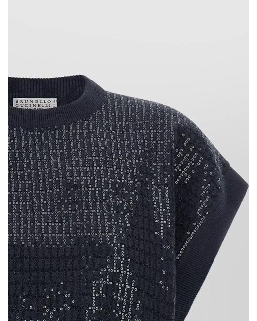 Brunello Cucinelli Blue Sequin Check Sleeveless Knit Sweater