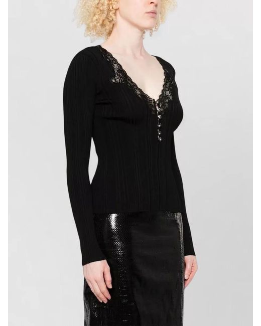 Self-Portrait Black Knit Sweater V Neck Lace Trim Ribbed