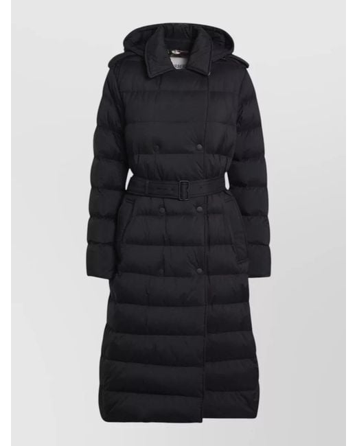 Burberry Black Double Breasted Long Padded Coat Belt Hood