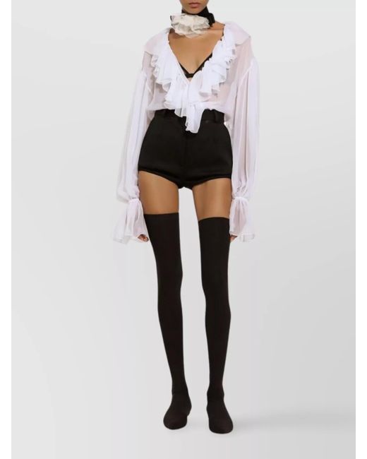 Dolce & Gabbana White Silk Ruffled V-Neck Cropped Blouse