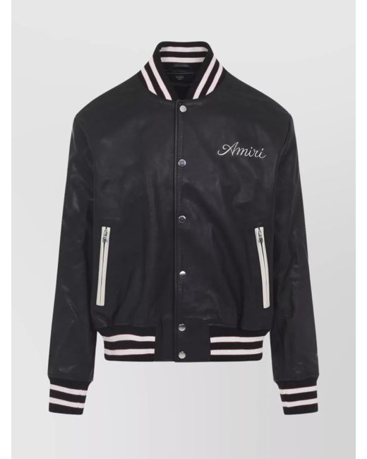 Amiri Blue Varsity Leather Jacket With Ribbed Hem And Cuffs for men