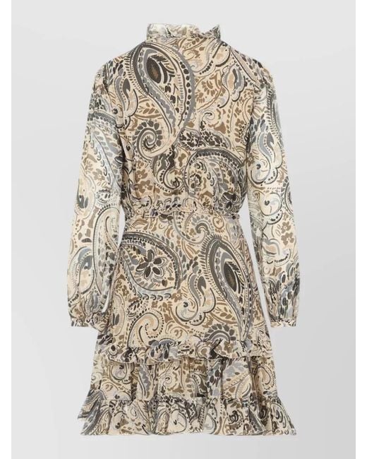 Etro Natural Floral Tiered Mini Dress High Neck