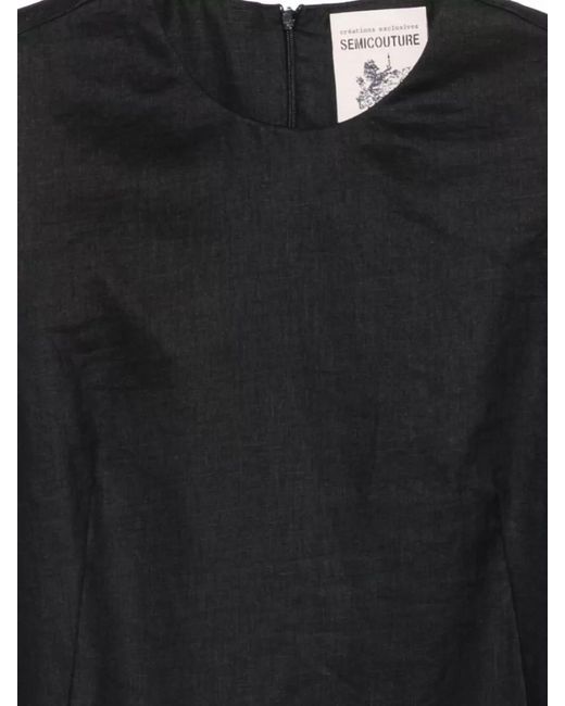 Semicouture Black Sheena Linen Sleeveless Dress Round Neckline