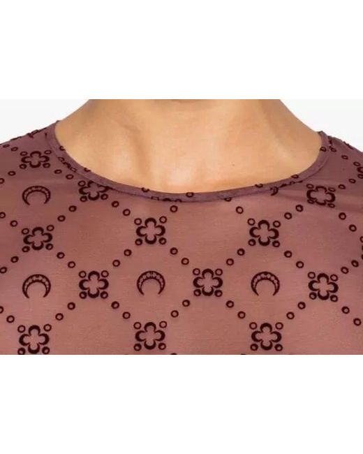 MARINE SERRE Red Floral Mesh Long Sleeve Crewneck Dress