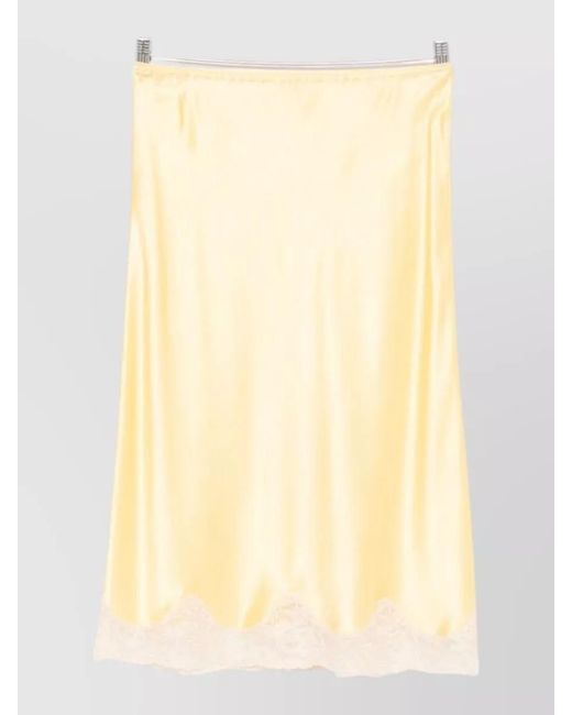 Saint Laurent Yellow Silk Lace Trim Midi Skirt