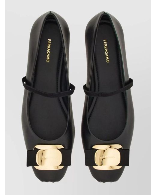 Ferragamo Black Leather Zina Ballerina Flats