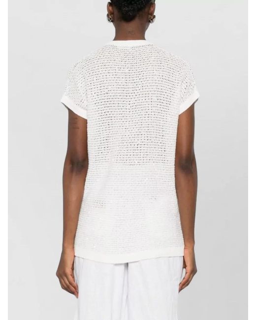 Fabiana Filippi White V Neck Sequin Knit Short Sleeve Top