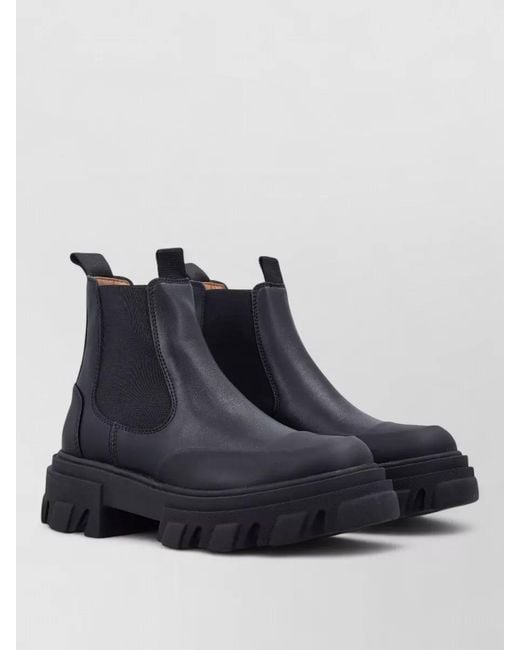 Ganni Blue Leather Chelsea Ankle Boots Cleated Sole
