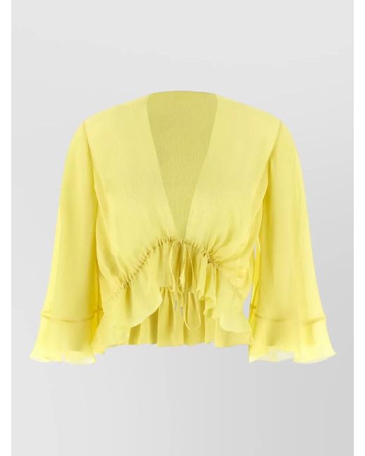 Alberta Ferretti Yellow V Neck Shirt Long Sleeves Sheer Ruffles