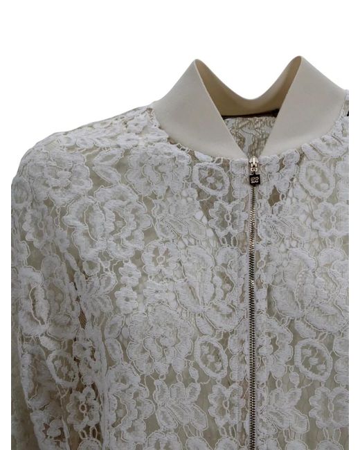 D.exterior Gray Lace Bomber Jacket Round Neck Scalloped Hem