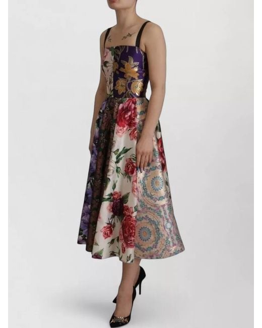 Dolce & Gabbana White Silk Patchwork Floral-Print Strapless Midi Dress