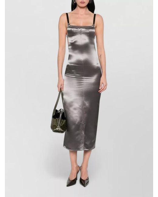 The Attico Gray Satin Midi Dress Square Neckline Straps