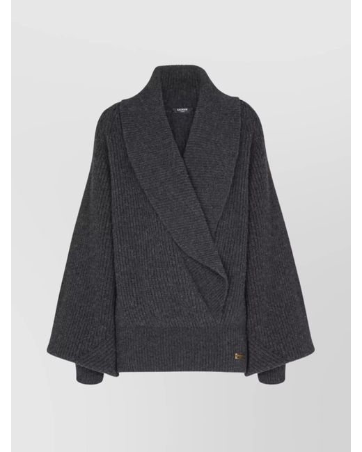 Balmain Black Oversized Ribbed Knit Pullover With Shawl Collar