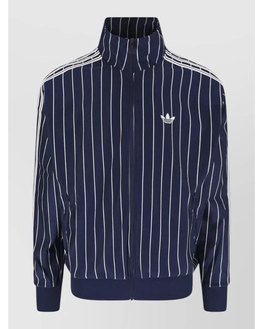 Adidas Blue Casual Striped Sweatshirt High Collar Pockets for men