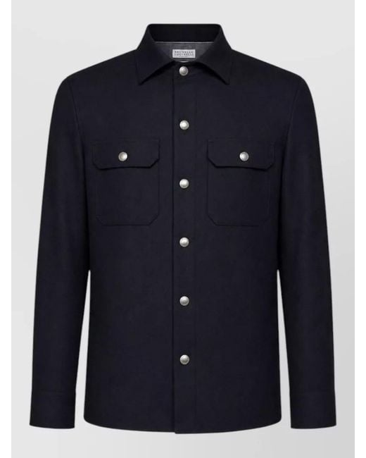 Brunello Cucinelli Blue Collared Silk Nylon Jacket Chest Pockets for men