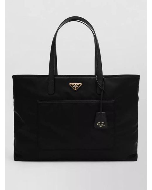 Prada Black Tote Bag Rectangular Shape External Pocket Handles