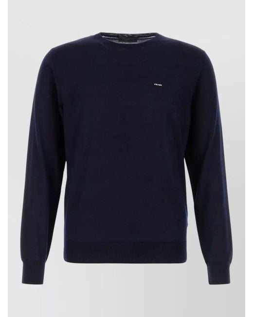 Prada Blue Wool Crew Neck Sweater Long Sleeves for men
