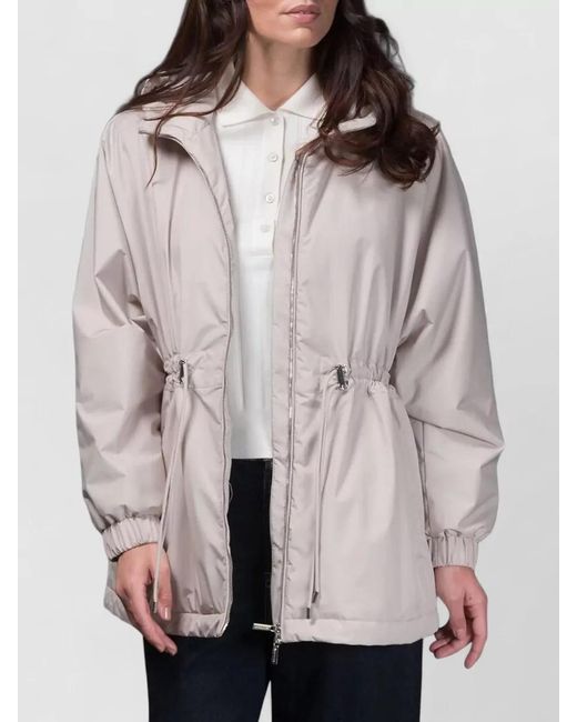 Moorer White Long Hooded Jacket Drawstring Waist Pockets