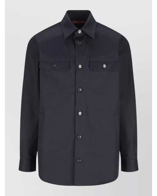 Gucci Blue Cotton Logo-Pattern Long-Sleeve Shirt for men