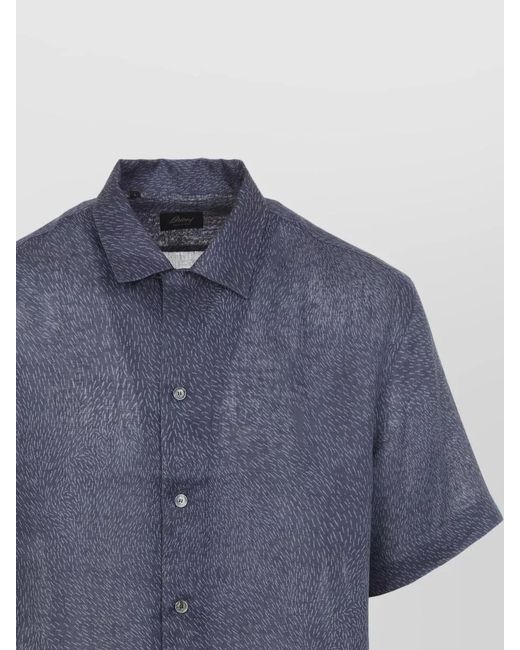 Brioni Blue Cuban Bowling Collar Linen Shirt Print for men