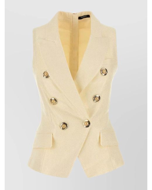 Balmain Natural Jacquard Vest With Flap Pockets And-Tone Buttons