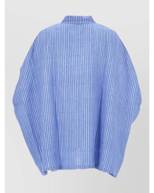120% Lino Blue Oversize Striped Collared Short Sleeve Jacket