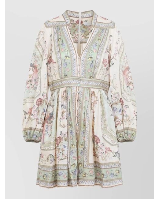 Zimmermann White Linen Floral-Print Plunge Long-Sleeve Mini Dress