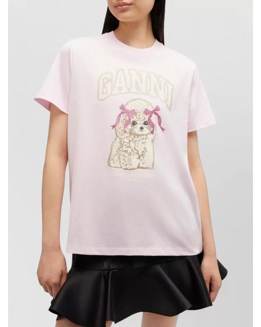 Ganni Pink Organic Cotton Relaxed-Fit Printed T-Shirt
