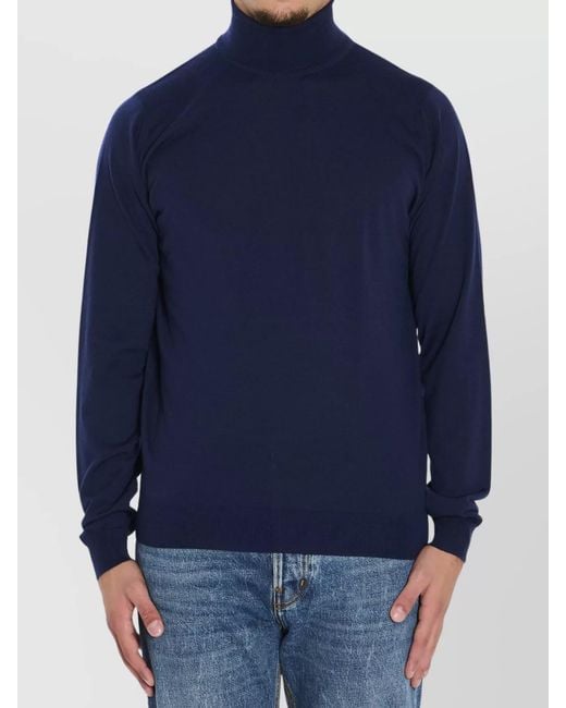 John Smedley Blue Merino Wool Ribbed Turtleneck Jumper for men