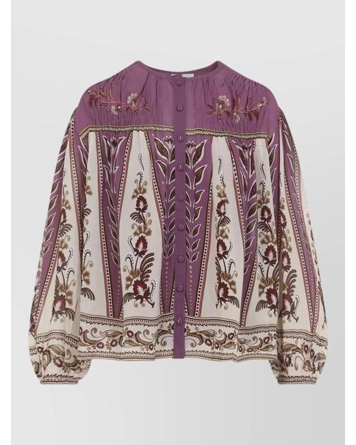 Farm Rio Purple Ainika Blouse Floral Embroidery Long Sleeves