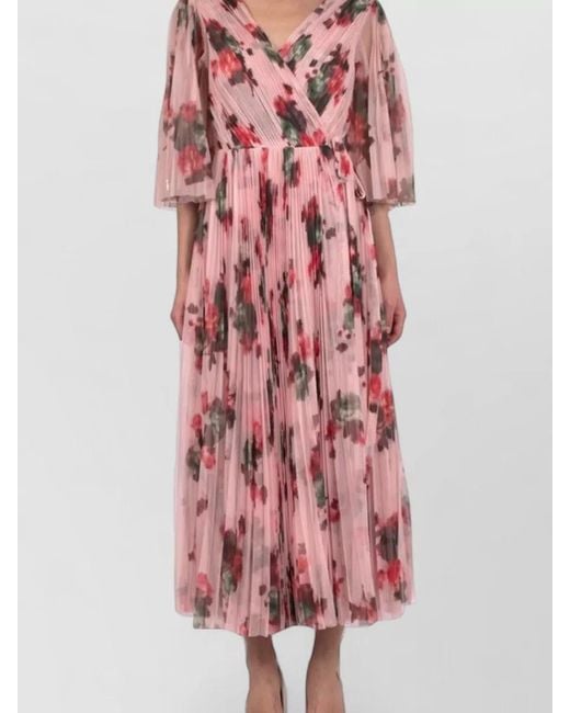 Philosophy Red Wrap Dress Floral Pattern Pleated Waistline
