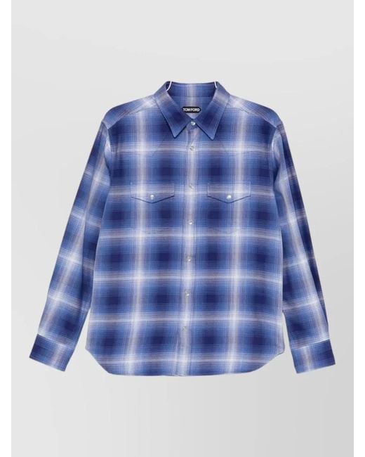 Tom Ford Blue Cotton Checked Slim-Fit Western Shirt for men
