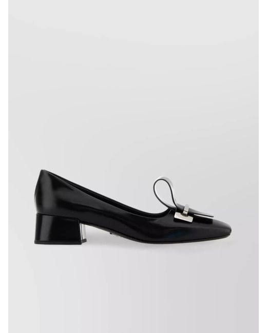 Prada Black Leather Pumps With Block Heel And Bow