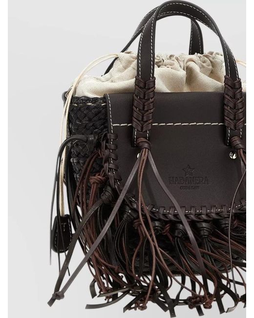 CUBA LAB Black Bucket Bag Adjustable Strap Fringe Handle Woven