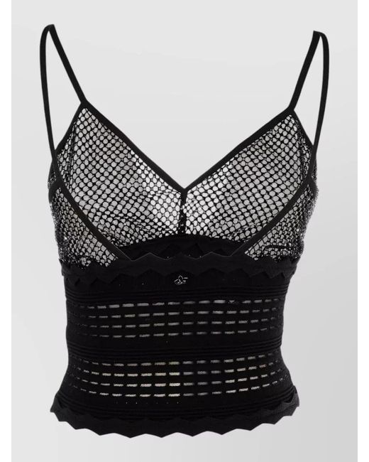 Genny Black Cropped Mesh Top Scalloped Hem Spaghetti Straps