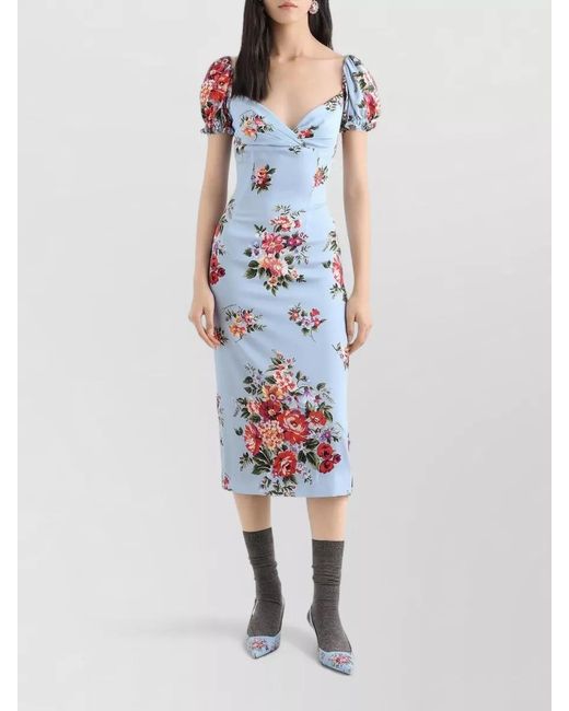 Dolce & Gabbana White Flower Bouquet Print Midi Dress