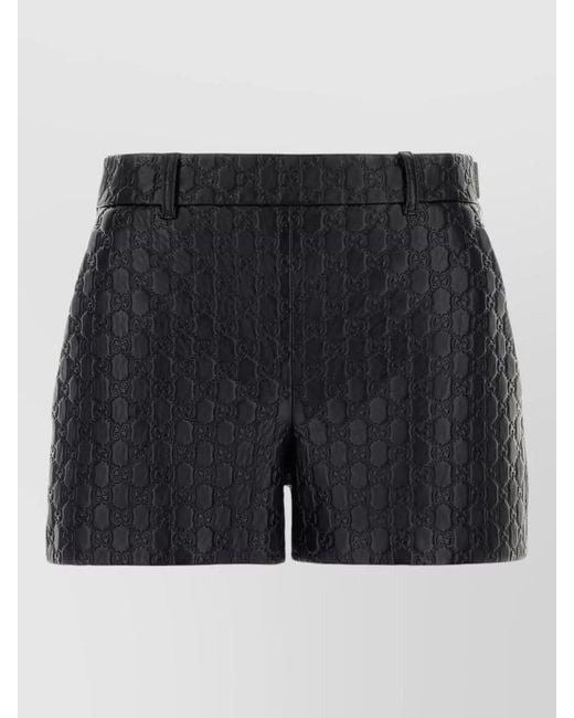 Gucci Black Leather Shorts Embossed Pattern Belt Loops Pockets