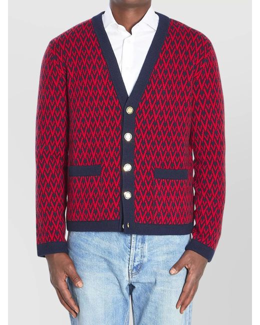 Valentino Garavani Red Virgin Wool Ribbed V-Neck Relaxed-Fit Cardigan for men